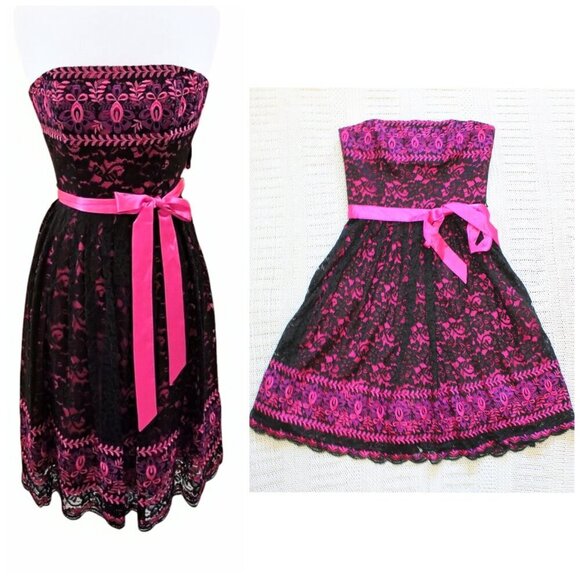 Betsey Johnson embroidered Mini dress Size 8 Pink & Black Lace Strapless Floral